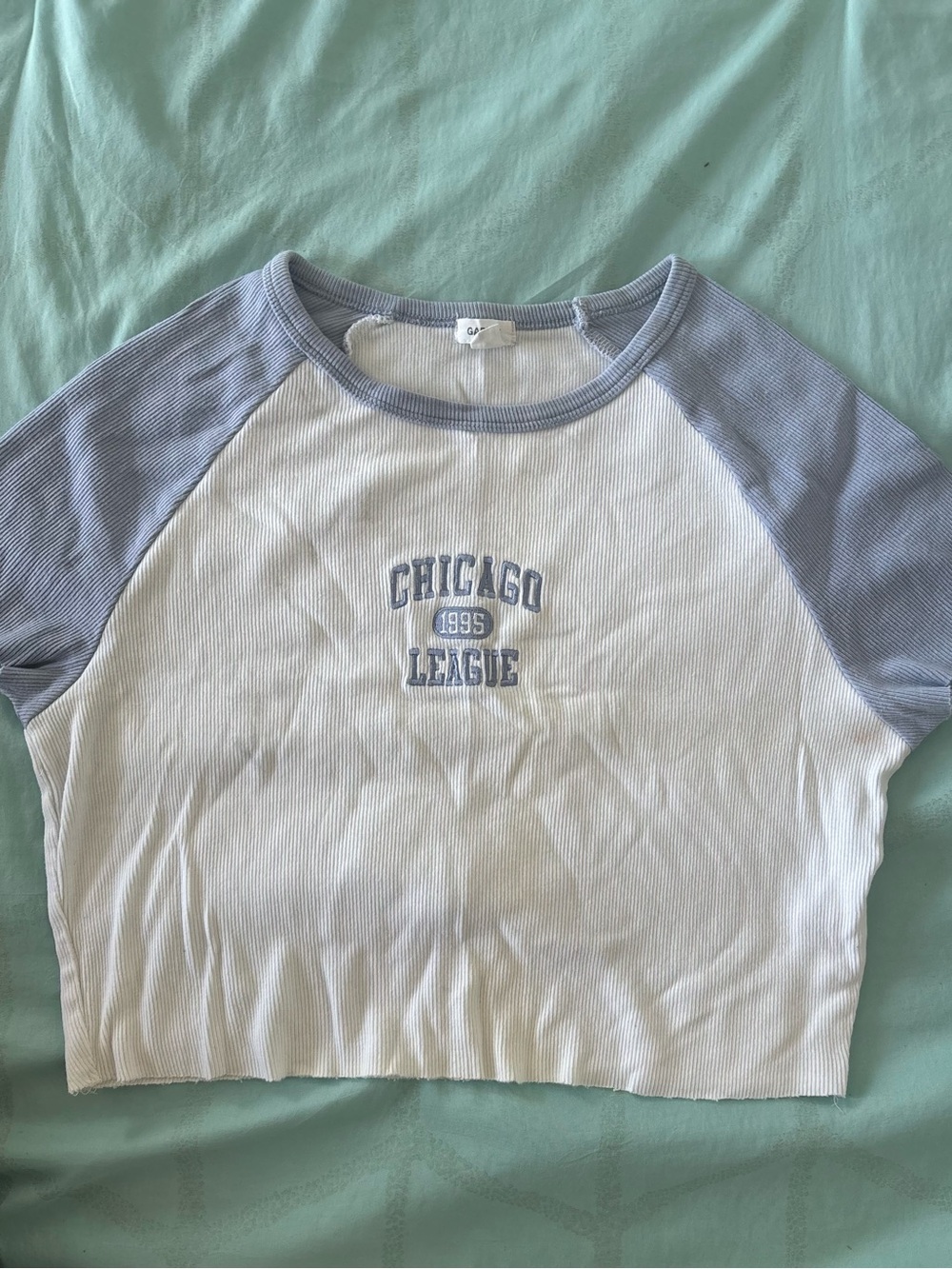 Garage White Ribbed Crop Tee with Light Blue Raglan Sleeves